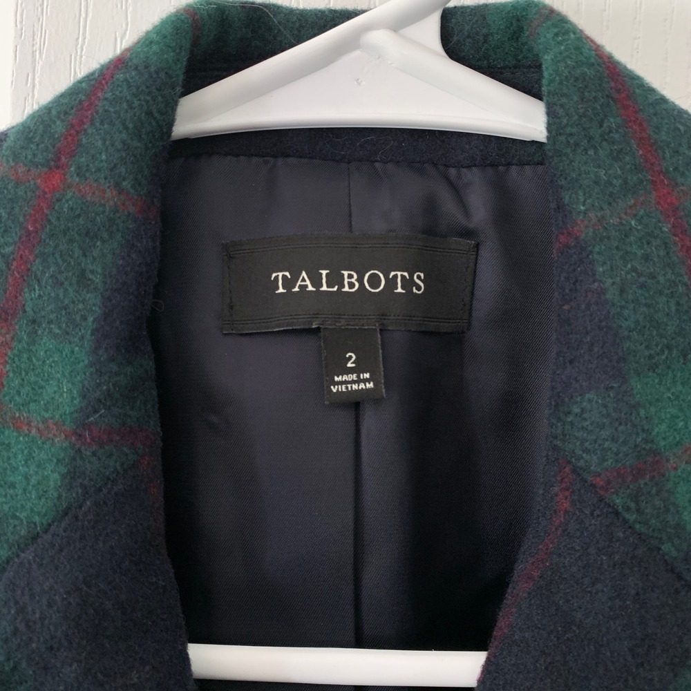Talbots Navy Green‎ Plaid Wool Blend Blazer Jacket Size 2 Three Button Classic - Picture 4 of 11